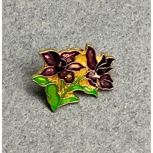 Cloisonné Flower Brooch Lapel Pin 1.25 In Gold Purple Green Taiwan Floral Retro